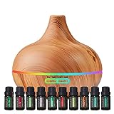 Ultimate Aromatherapy Diffuser & Essential Oil Set - Ultrasonic Diffuser & Top 10 Essential Oils - Modern Diffuser with 4 Timer & 7 Ambient Light Settings - Therapeutic Grade Essential Oils - Lavender