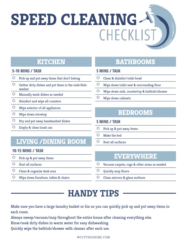 Speed Cleaning Checklist Printable broken up by room with a list of jobs that can be accomplished in just a few minutes