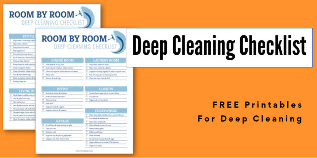 two deep cleaning checklist printables on a bright orange background