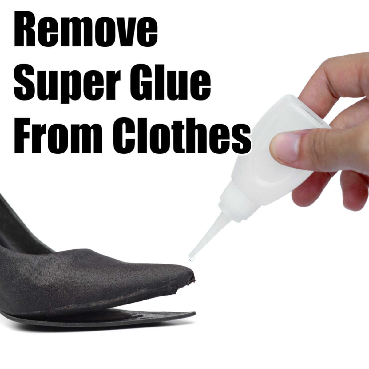 hand holding a superglue bottle to fix the sole of a pair of shoes