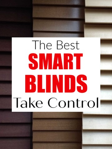 three different colors of wooden blinds with a text overlay for smart blinds