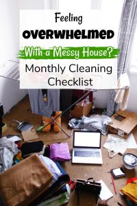 mess house with text box to use a free checklist for cleaning