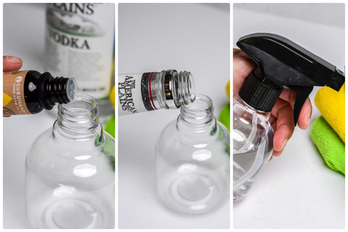 instruction photos showing combining the essential oil and alcohol into a spray bottle and shaking it.